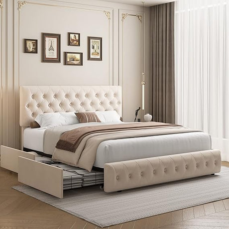 Queen Bed Frame with Storage and Adjustable Headboard, Bed Frame with 4 Drawers