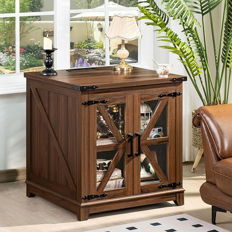 Farmhouse End Table with Charging Station, 24" Large Sofa Side Table