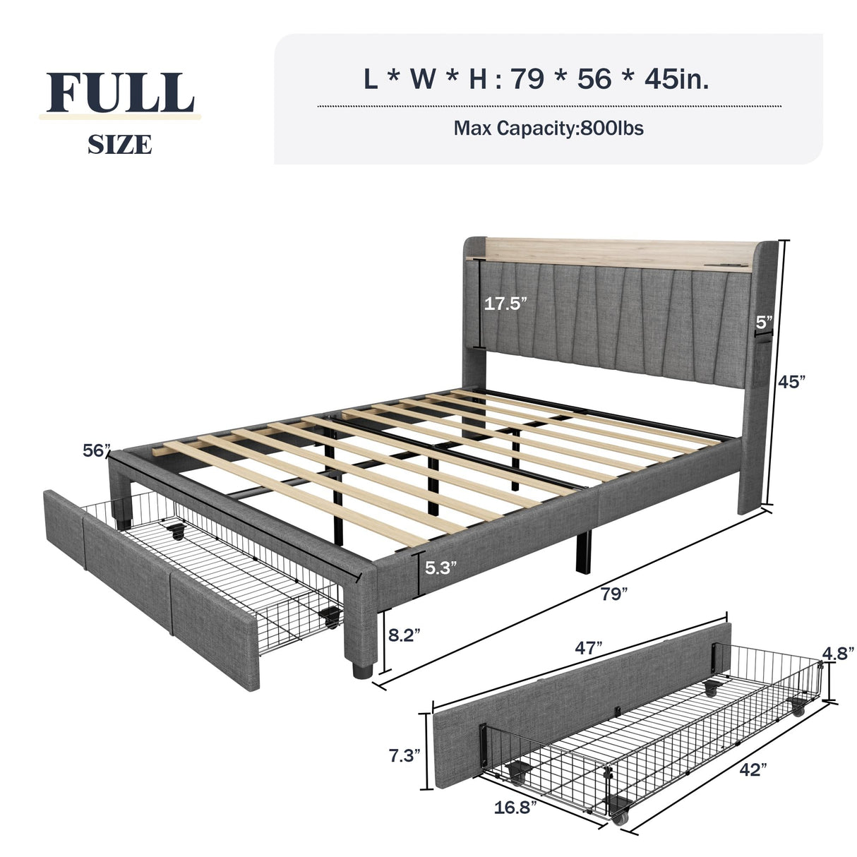 Full Size Bed Frame, Upholstered Platform Bed with Storage Drawers Headboard