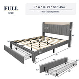 Full Size Bed Frame, Upholstered Platform Bed with Storage Drawers Headboard