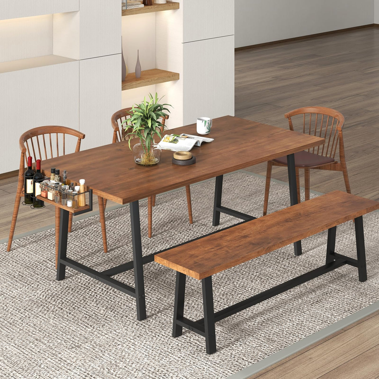 Dining Table for 5-7 People, 72” Large Wooden Kitchen Table with Wine Rack and Spice Rack