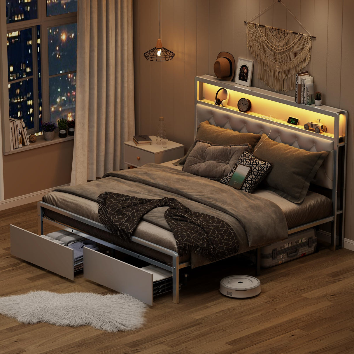 Queen Bed Frame,Bed Frame Queen Size with Headboard and Storage Shelves