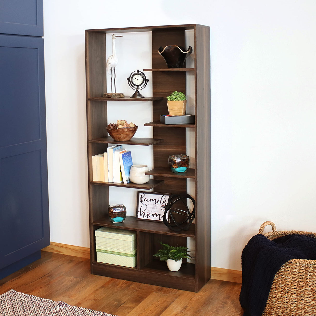 Sunnydaze Rosalee 67-Inch H 9-Tier Open-Back Bookshelf - 9 Staggered Shelves