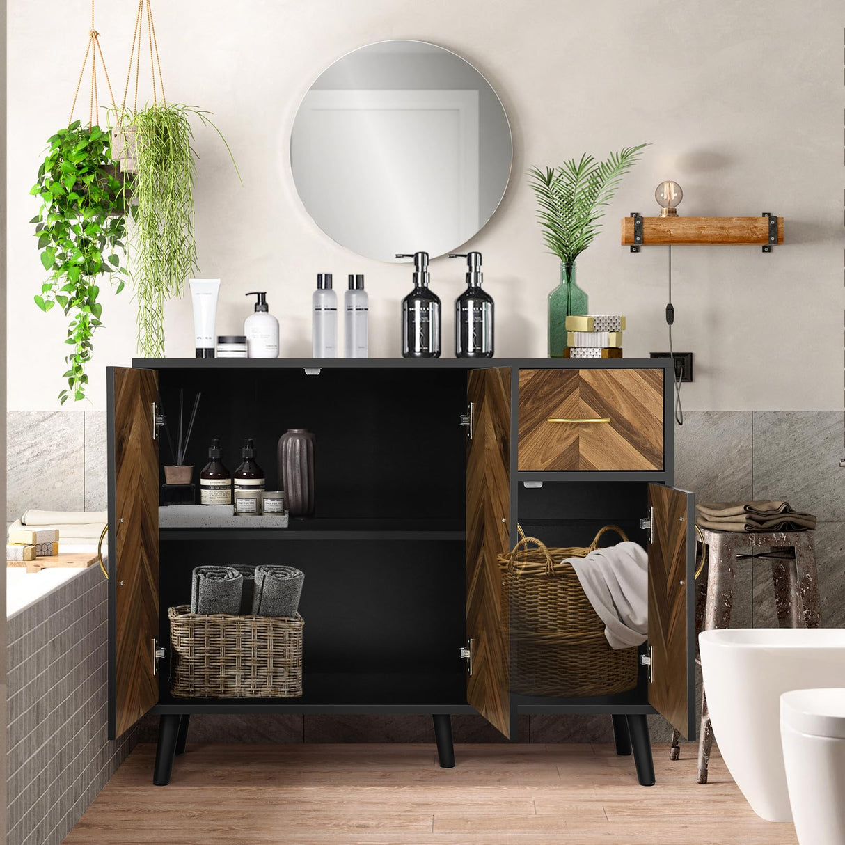 Sideboard Buffet Cabinet with Storage - 3 Doors Black Storage Cabinet with Drawers