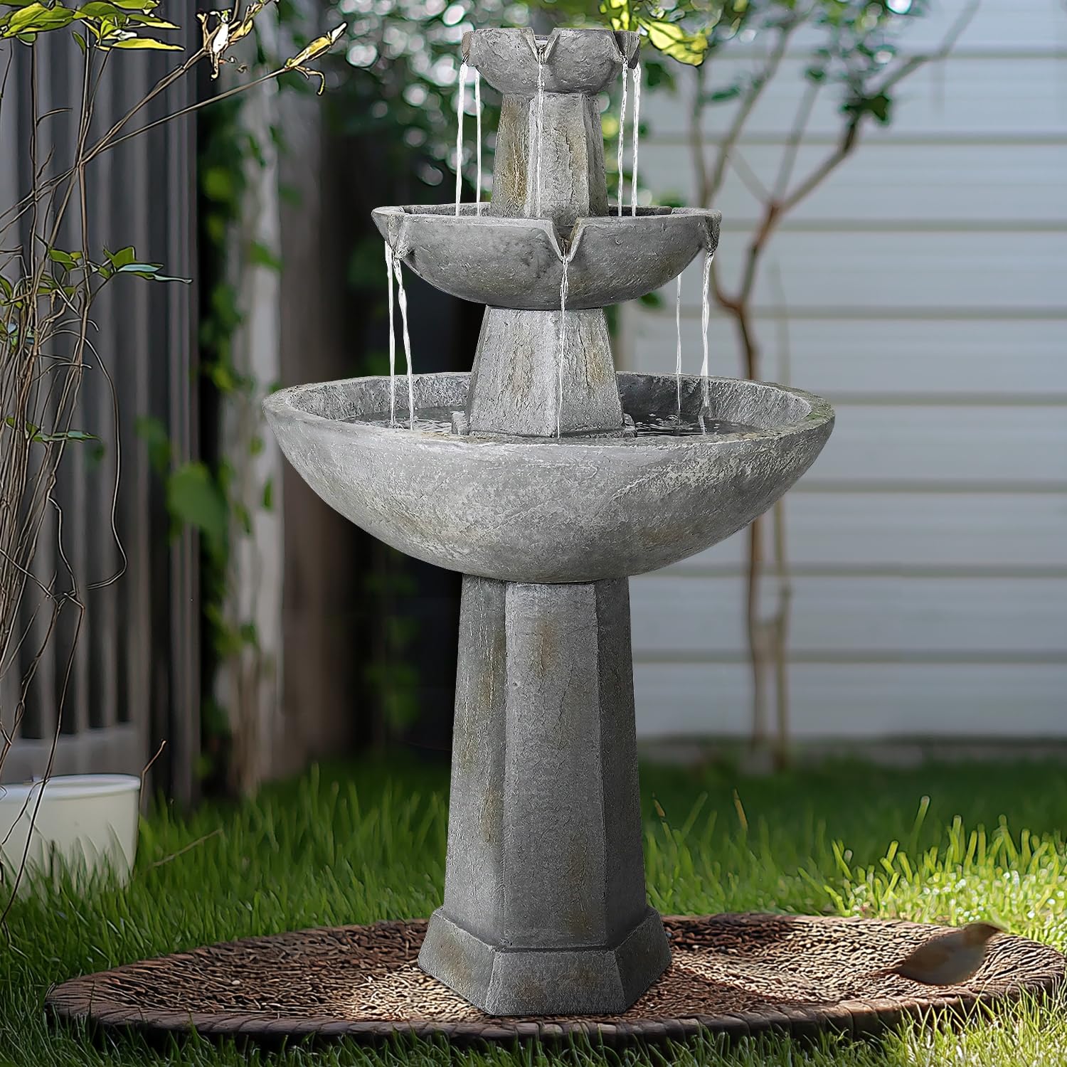 SunJet 43.3" High 3-Tiers Modern Concrete Outdoor Water Fountain - Round Large Outdoor Fountains and Waterfalls for Garden, Patio, Yard, and Deck Decor, Featuring Natural Stone Look(43.3inch,Grey)