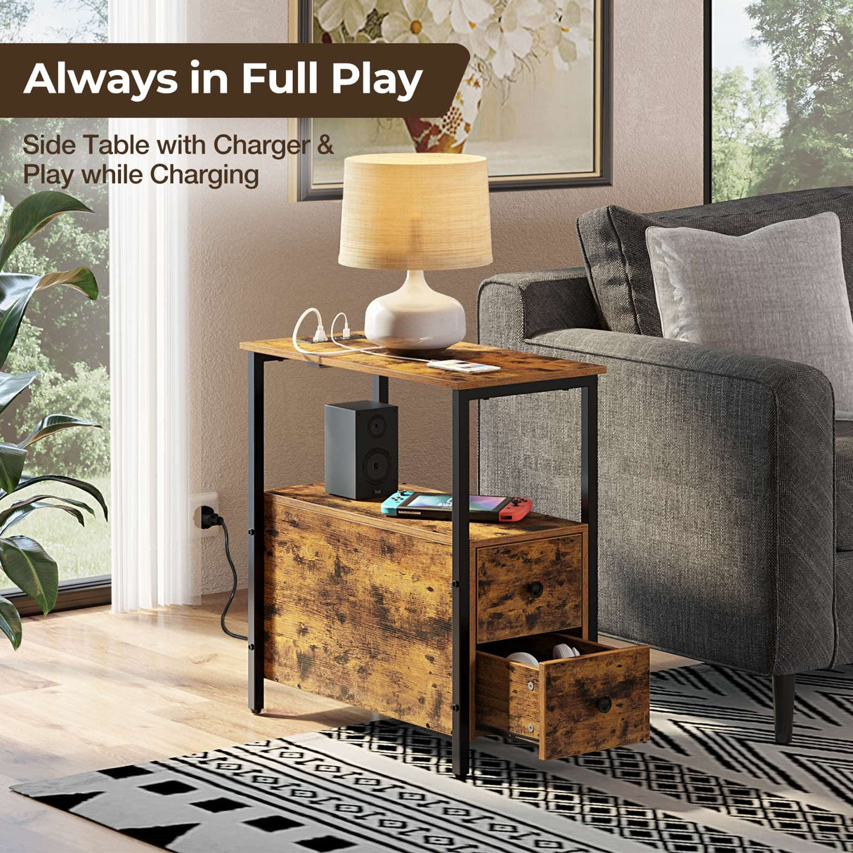 End Table with Charging Station, Narrow Side Table with 2 Wooden Drawers