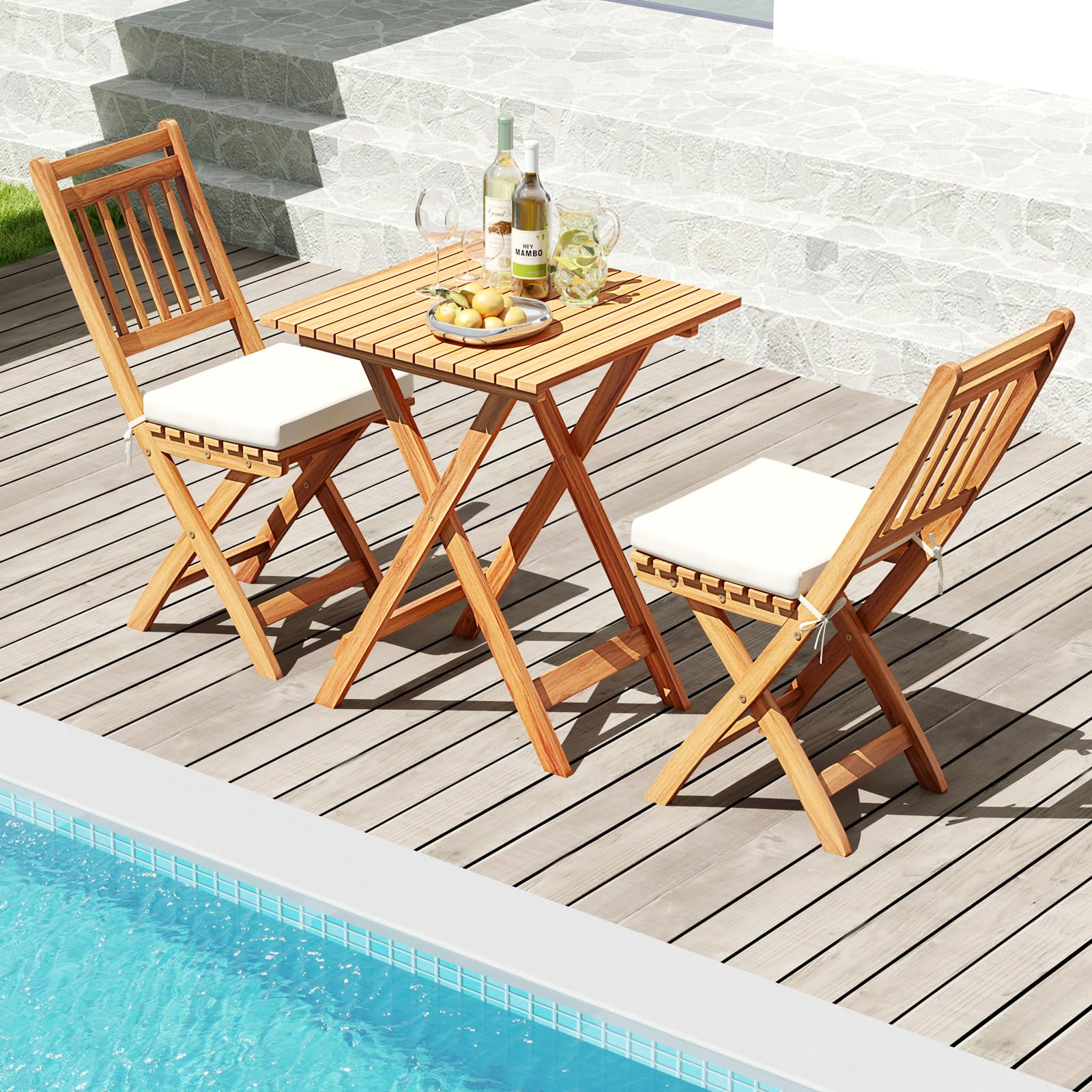 Acacia Wood Patio Bistro Set of 3, Outdoor Folding Chair Table Set with Soft Seat Cushions