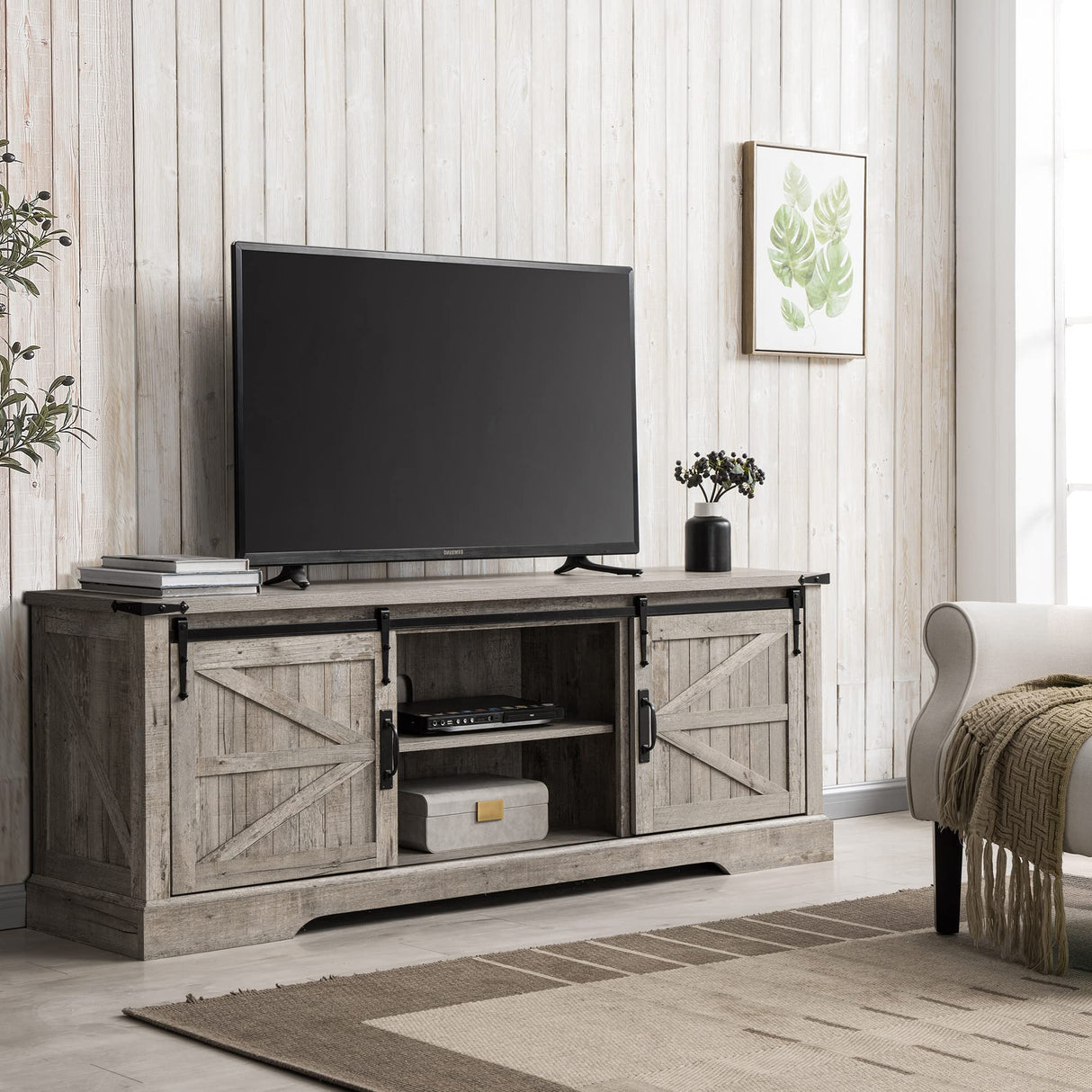 Farmhouse TV Stand for 75 Inch TV, Rustic Entertainment Center w/Sliding Barn Door