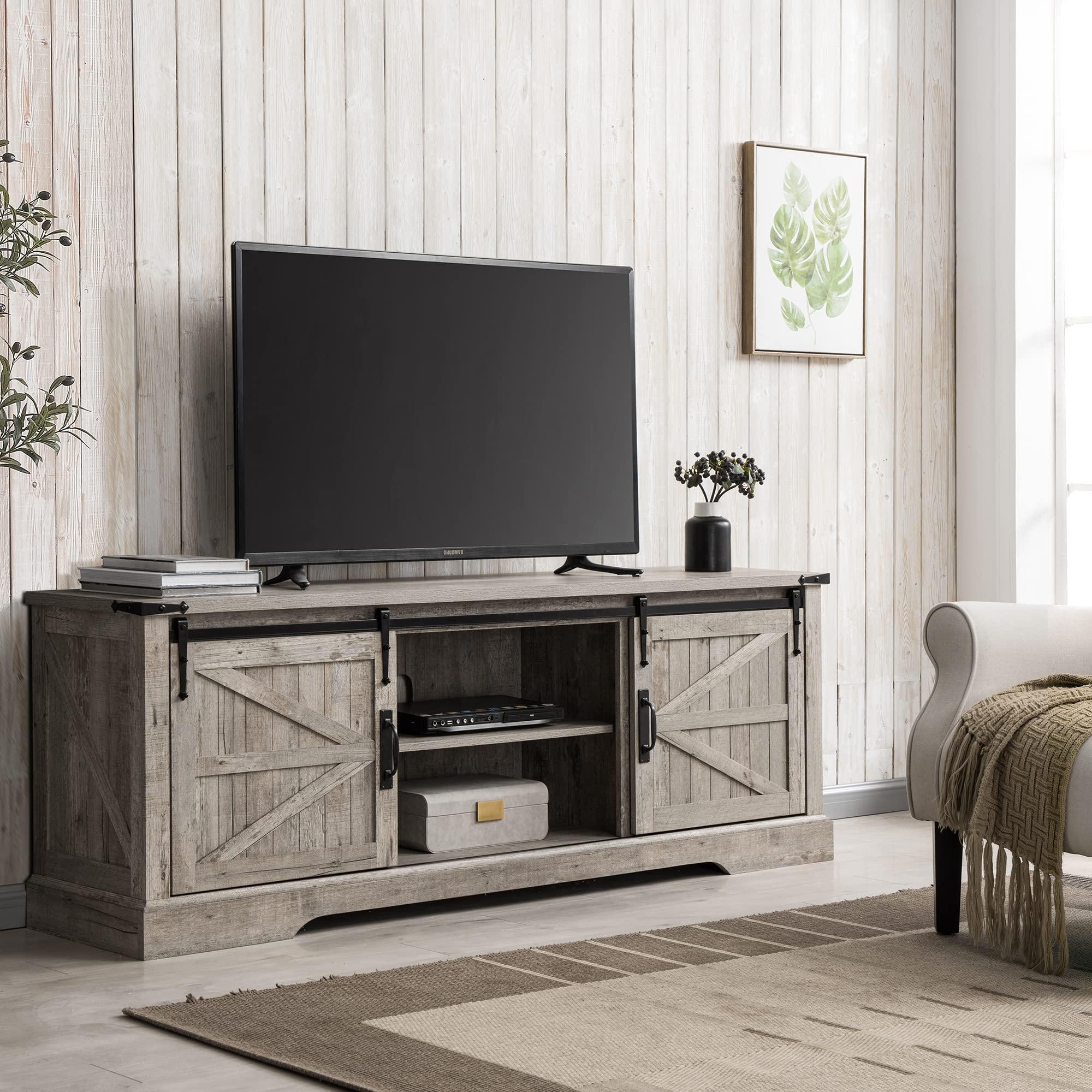 Farmhouse TV Stand for 75 Inch TV, Rustic Entertainment Center w/Sliding Barn Door