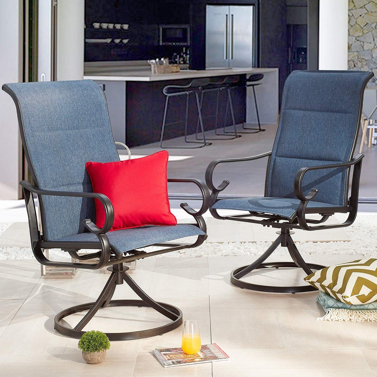 Patio Dining Chairs High Back Outdoor Swivel Rocker Set with All Weather Frame (Blue
