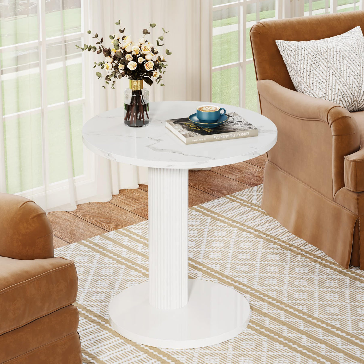 Round End Table Set, White Side Table with Faux Marble, Modern C-Shaped Nightstand