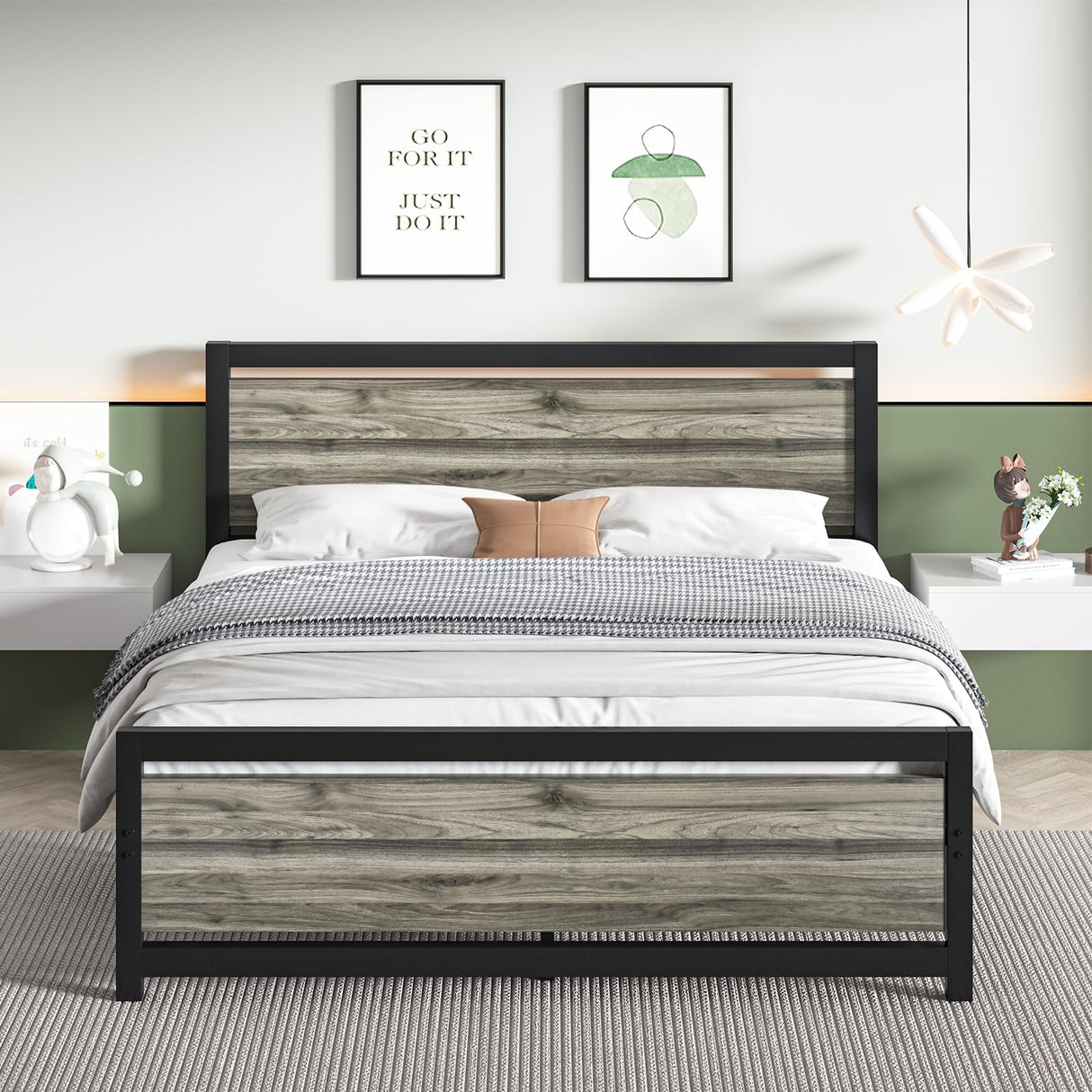 Catrimown Wood Queen Bed Frame with Headboard and Footboard, Queen Size Bed Frame with Heavy Duty Metal, Noise-Free, No Box Spring Needed, Easy Assembly