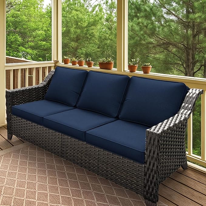 77'' Patio Sofa, All Weather Outdoor Rattan Wicker 3-Seat Sofa High Back Couch