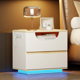 22” Wide Bedside Table with Charging Station and LED Light and 2 Drawers, Modern End Table for Bedroom, White Leather