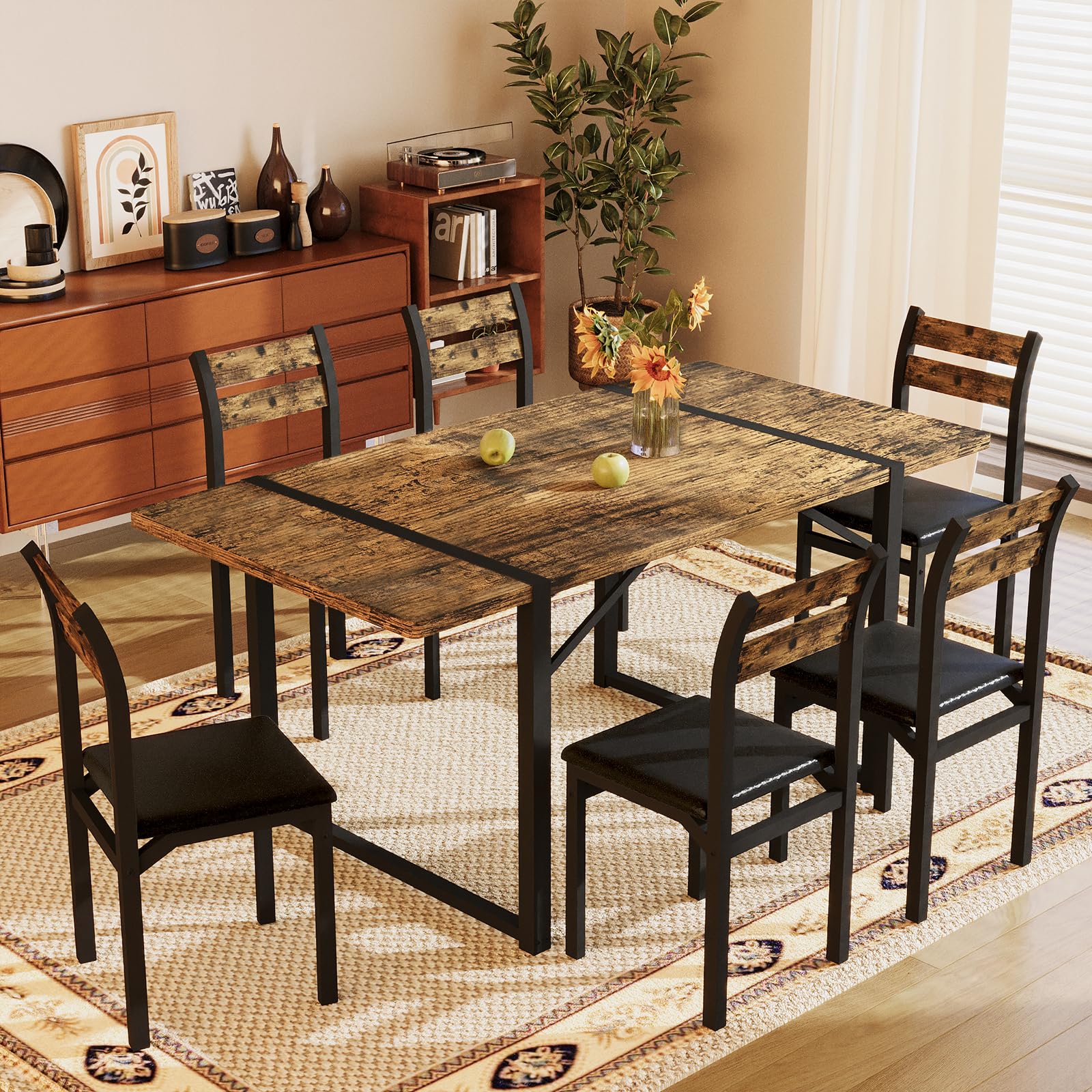 7-Piece Dining Table Set with Upholstered Chairs - 55" Farmhouse Style