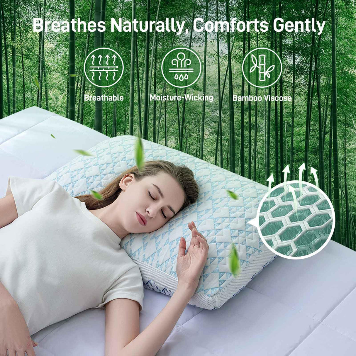 Caelorin Shredded Memory Foam Cooling Soft Bamboo Viscose Pillows Queen Size Set of 2, Adjustable Hypoallergenic Hotel Quality Bed Pillows for Side, Stomach and Back Sleeper, Oeko-TEX Certified