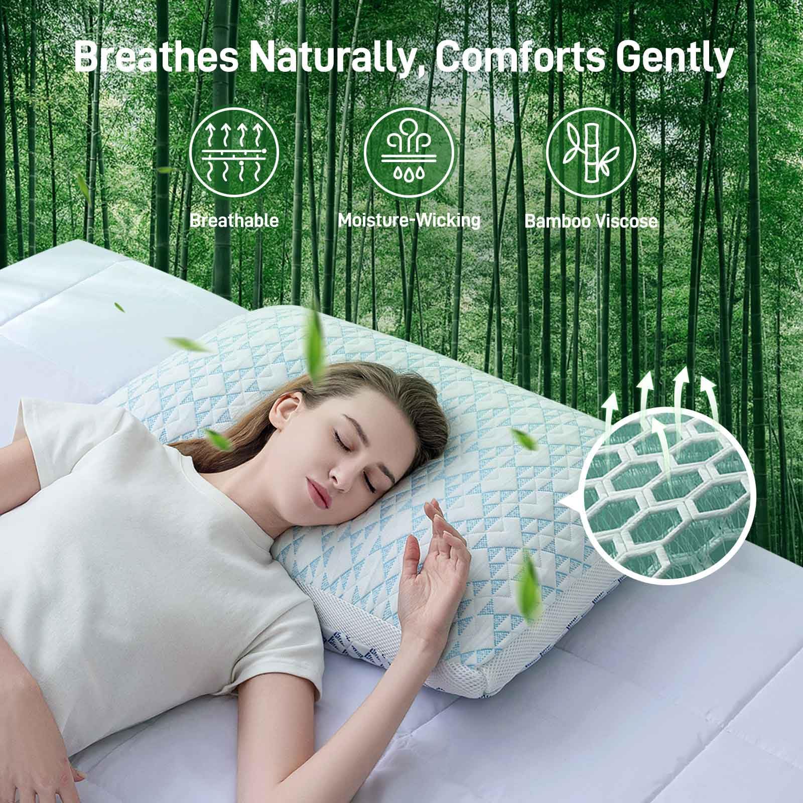 Caelorin Shredded Memory Foam Cooling Soft Bamboo Viscose Pillows Queen Size Set of 2, Adjustable Hypoallergenic Hotel Quality Bed Pillows for Side, Stomach and Back Sleeper, Oeko-TEX Certified