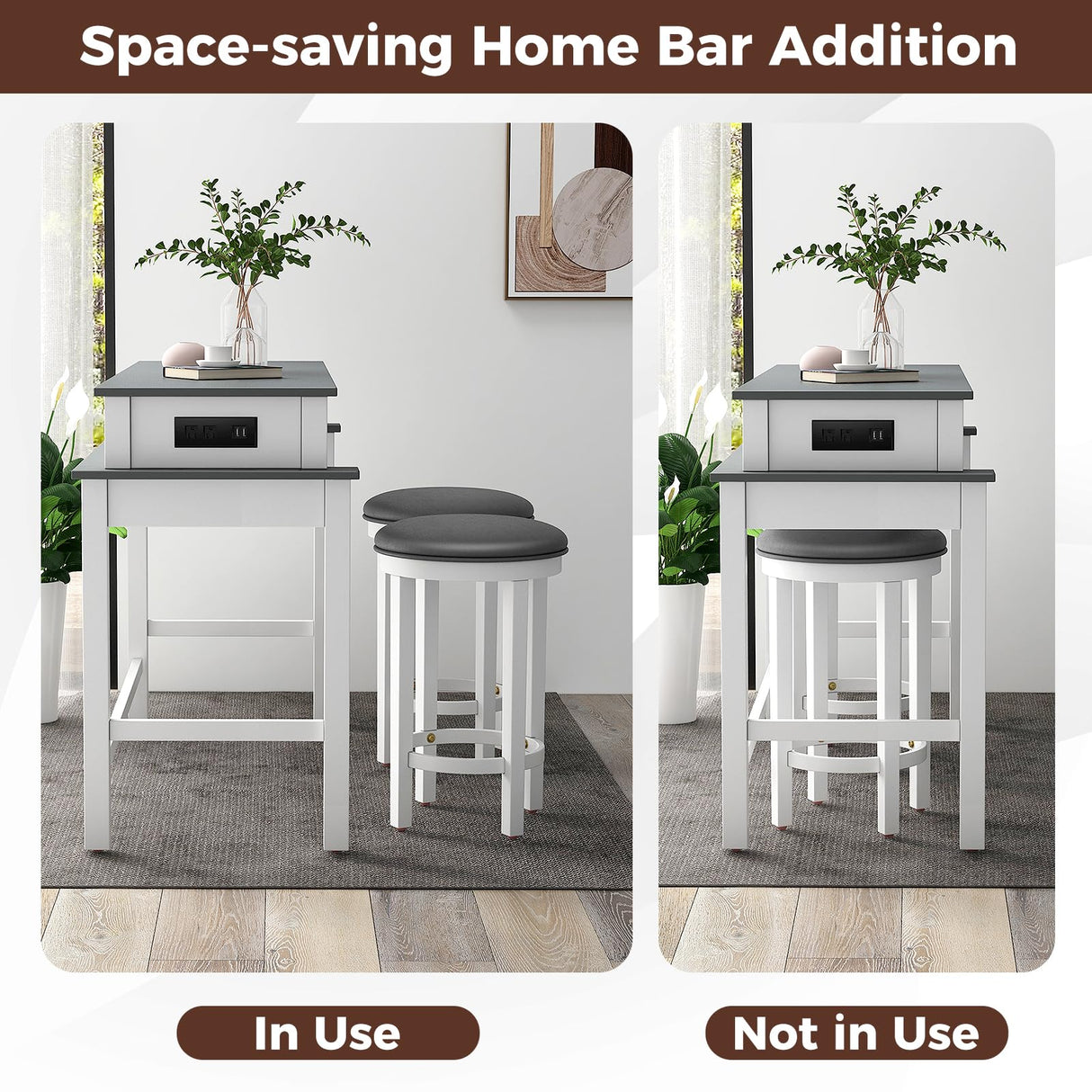 Small Dining Table Set for 2 - Bar Table and 2 Bar Stools, Sofa Table with Outlets