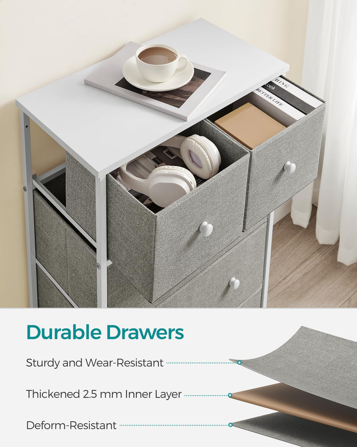 Drawer Dresser, Storage Dresser Tower with 5 Fabric Drawers