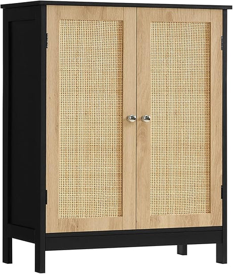 Storage Cabinet with Rattan Doors, Bathroom Storage Cabinet with Adjustable Shelf