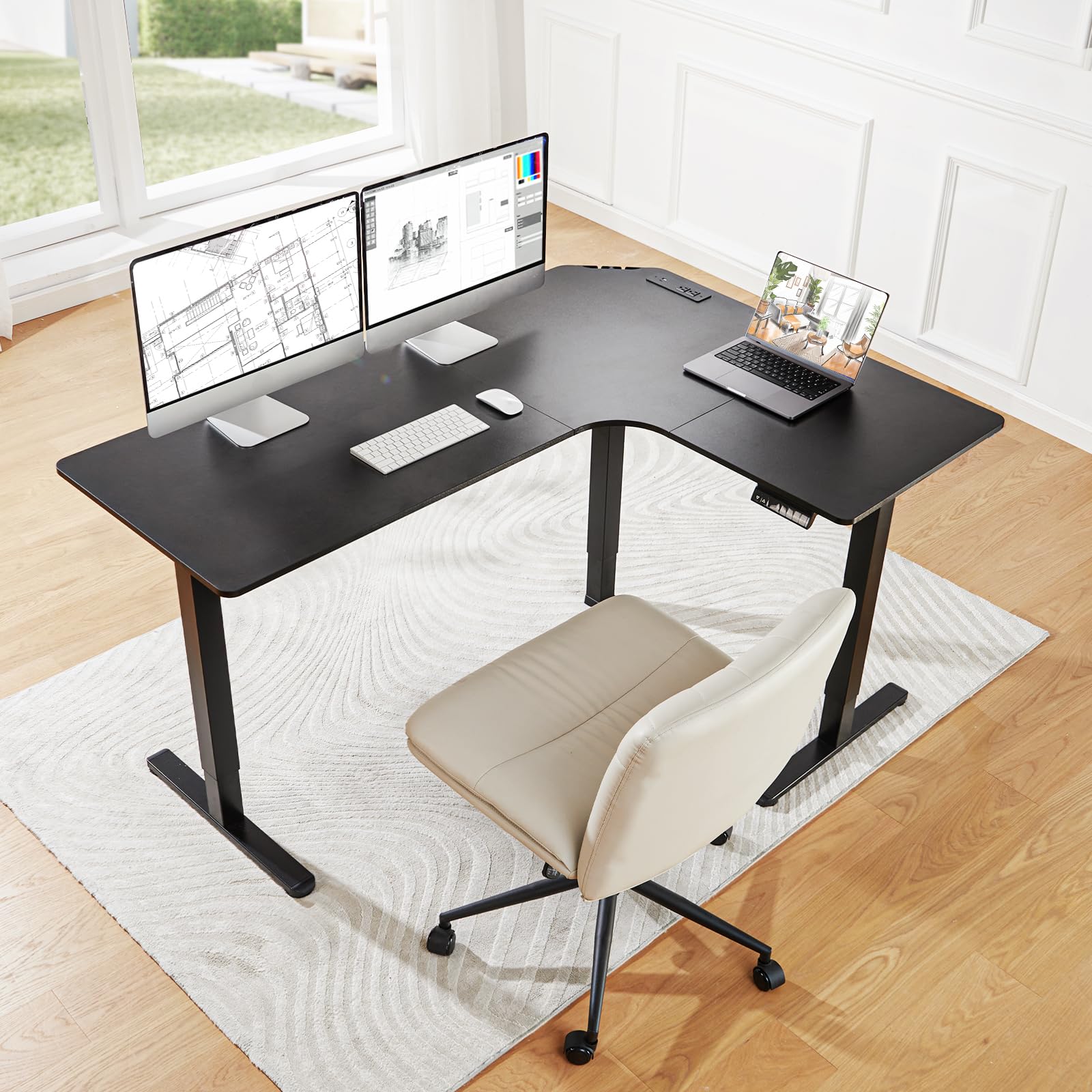 63″ Dual Motor L-Shaped Standing Desk, Built-in Power Outlets, Electric Height Adjustable Corner Computer Desk, Large Power Strip Holder, Sit Stand Up Desk with 3 Preset Heights, Black