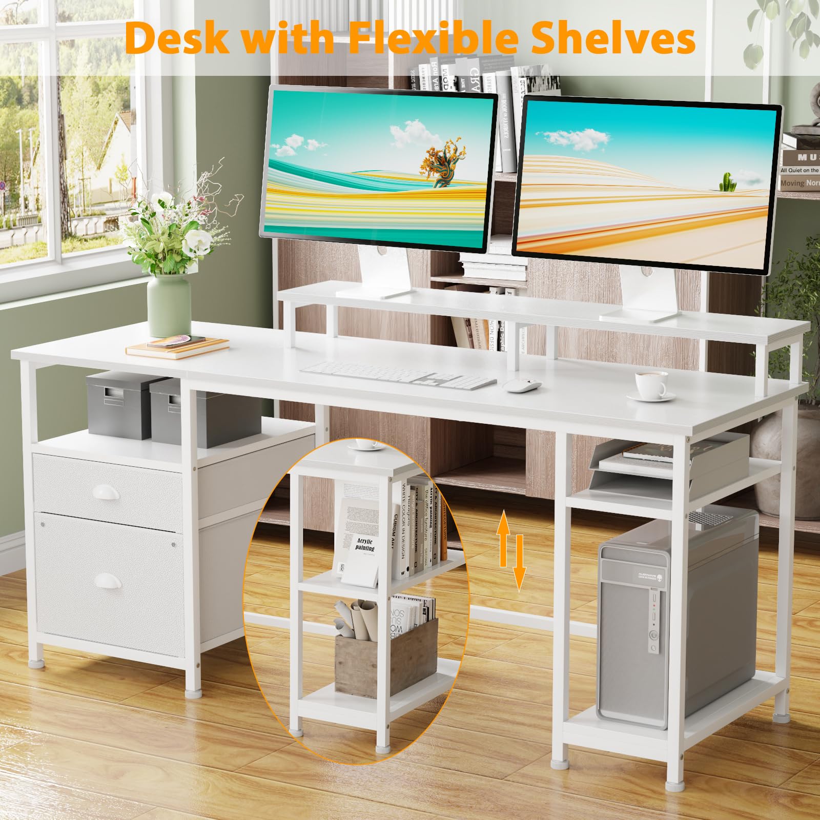 61" Computer Desk with Fabric File Cabinet & Drawer, Reversible White Desk