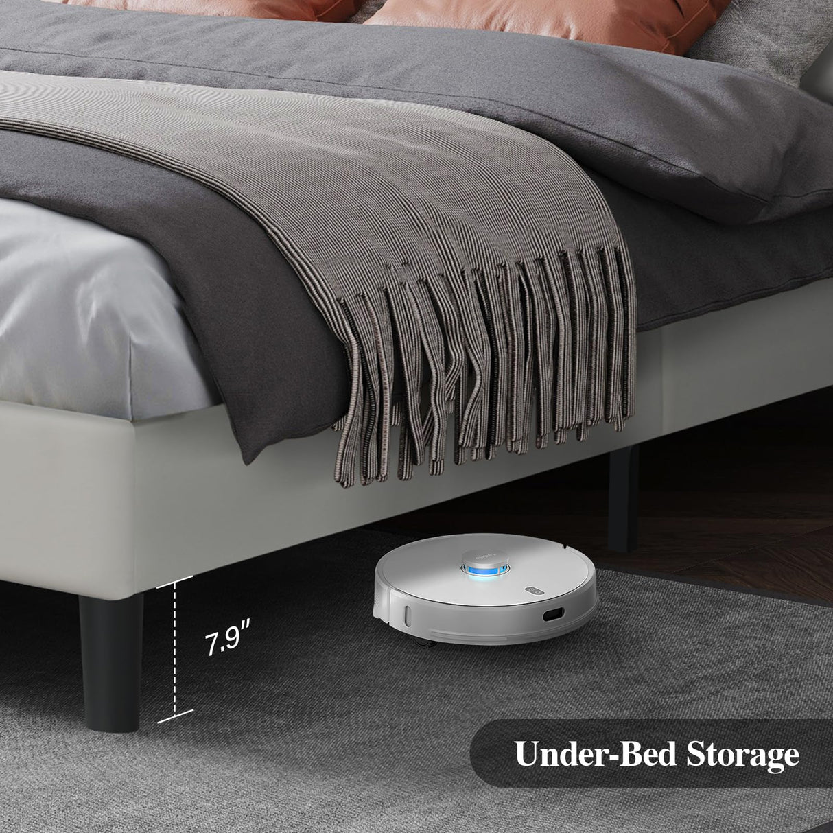 Queen Size Bed Frame with LED Lights, Upholstered Bed Frame Queen with Faux Leather