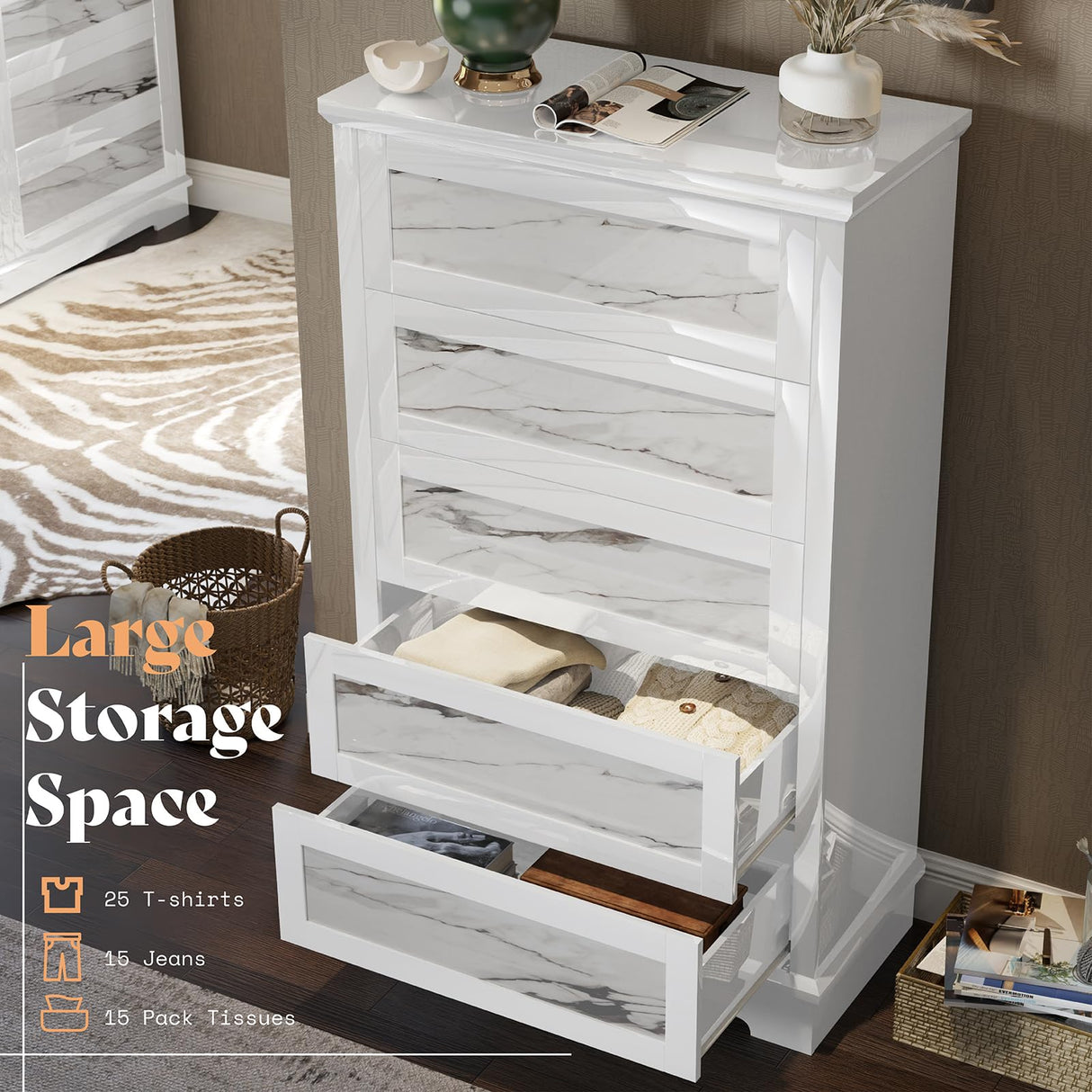 49.2" H Natural Marble 5 Drawer Dresser, High-Gloss Chest of Drawers No Handles