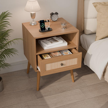 Modern Rattan Nightstand, Wicker Rattan Stand with Drawer and Charge Station, Wooden Bedside Table for Small Spaces, Natural Wood Side Table for Bedroom (with Charging Station, 1)