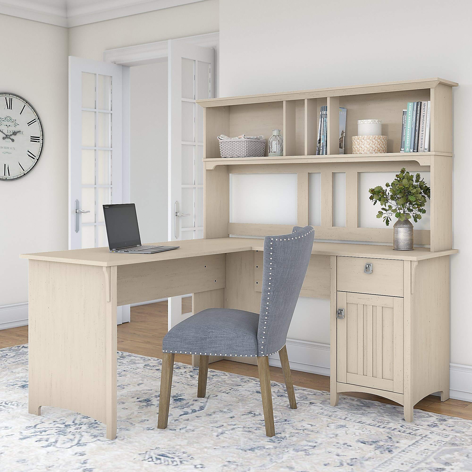 Salinas L Shaped Desk with Hutch in Antique White | Corner Table