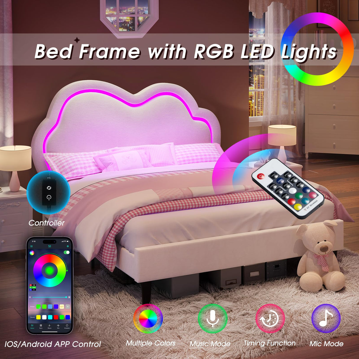 LED Bed Frame Full Size Velvet Upholstered Platform Bed with Adjustable Cloud Headboard,
