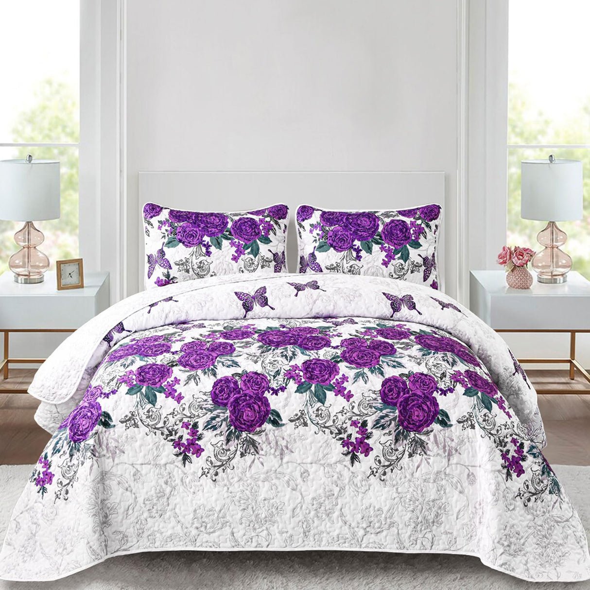 Floral Quilt Set Queen Size Elegant Purple Rose Bedding Bedspreads 3 Pieces