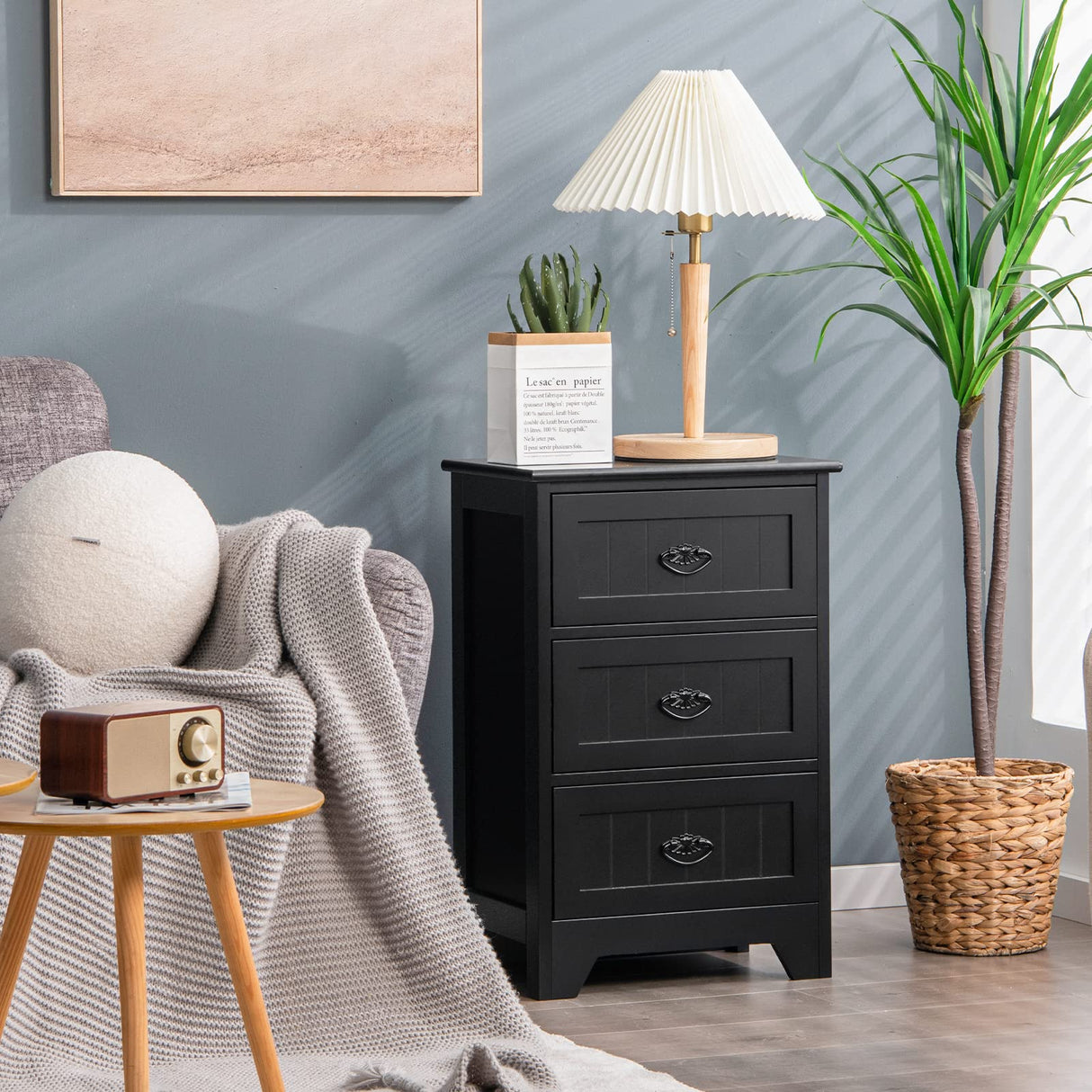 Nightstand with 3 Drawers, Set of 2 Bedside Table with Exquisite Metal Handles