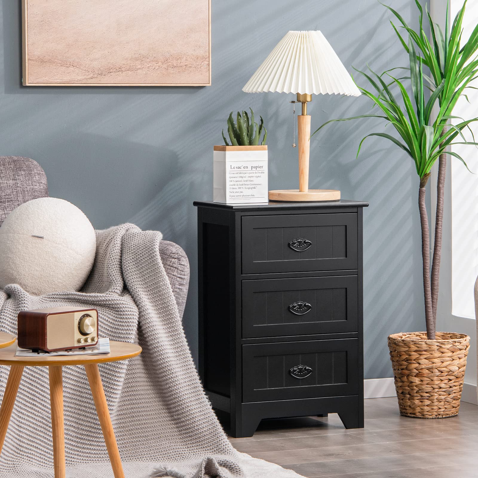 Nightstand with 3 Drawers, Set of 2 Bedside Table with Exquisite Metal Handles