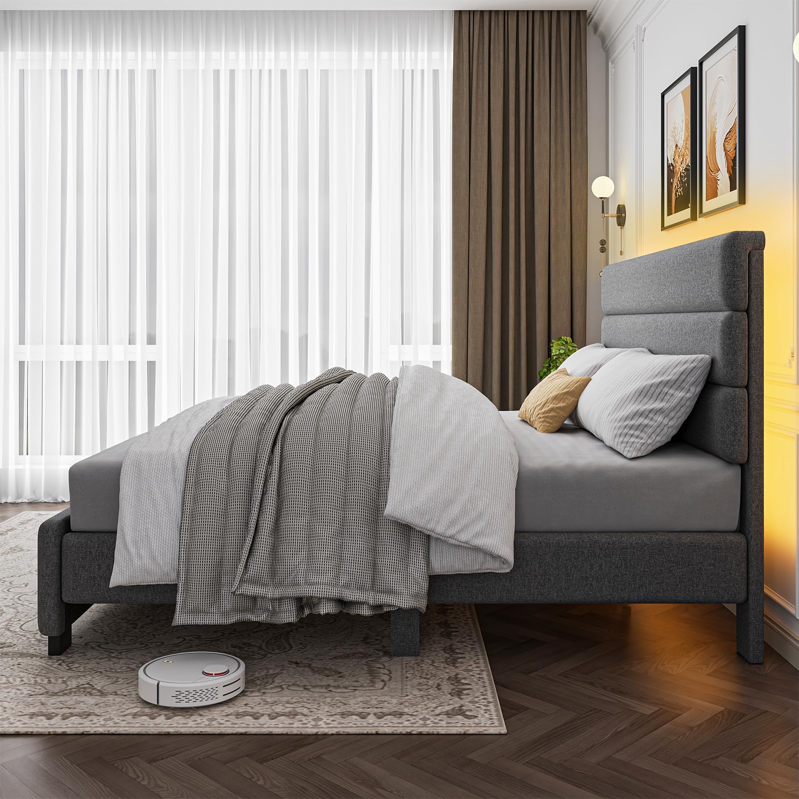 King Size Upholstered Platform Bed Frame with LED Lights