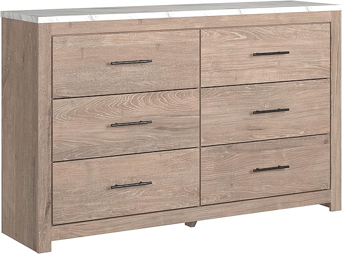 Cottonburg Modern Six Drawer Dresser with Faux Marble Top, Light Gray