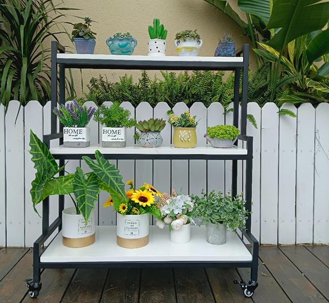 Rustic 3-Tier Rolling Plant Stand with Wheels