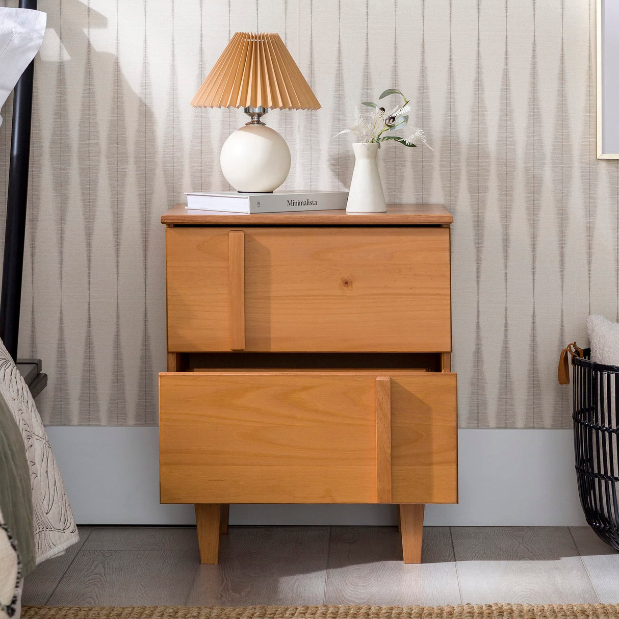 Sprague Contemporary Detailed Drawer Solid Wood Nightstand, 20 Inch, Caramel