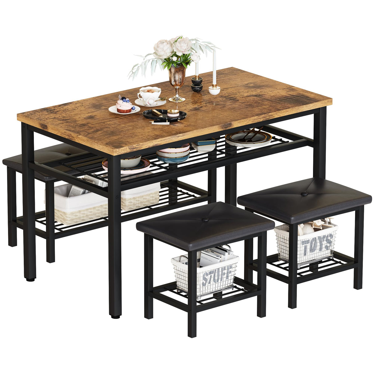 Kitchen Tables Set for 4, Rectangular Dining Room Table Set with Bench and Stools, 4