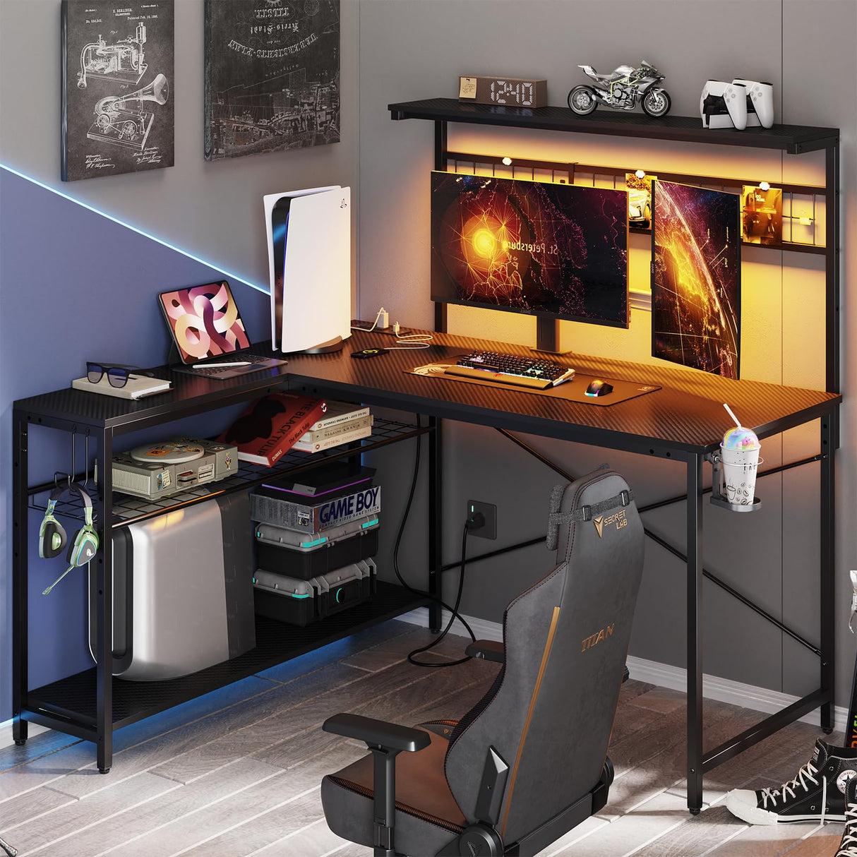 51 L Shaped Gaming Desk with Power Outlets, LED Workstation with 4 Tiers Shelves for Home Office