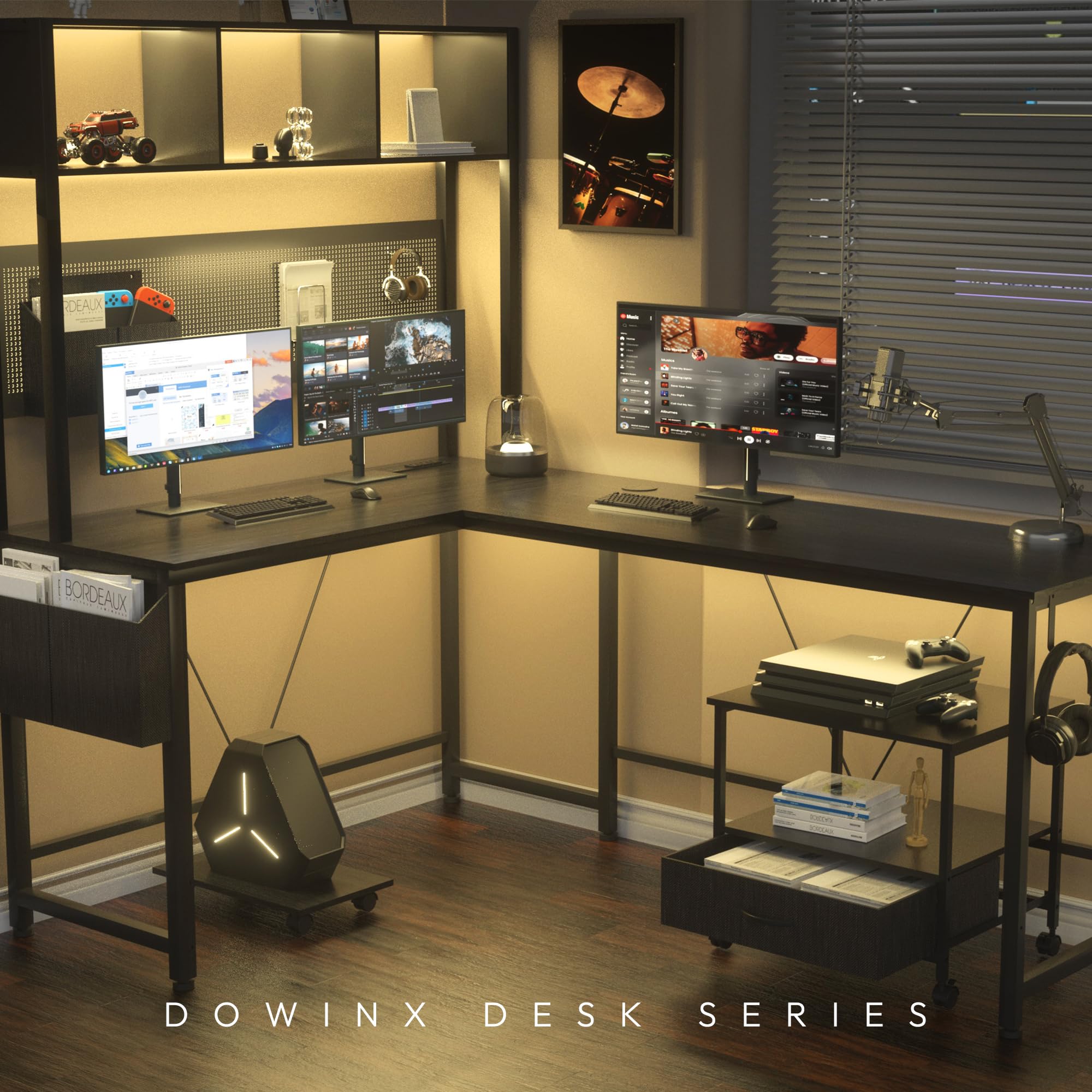 L Shaped Gaming Desk with Pegboard and Filing Cabinet, Reversible Computer Desk