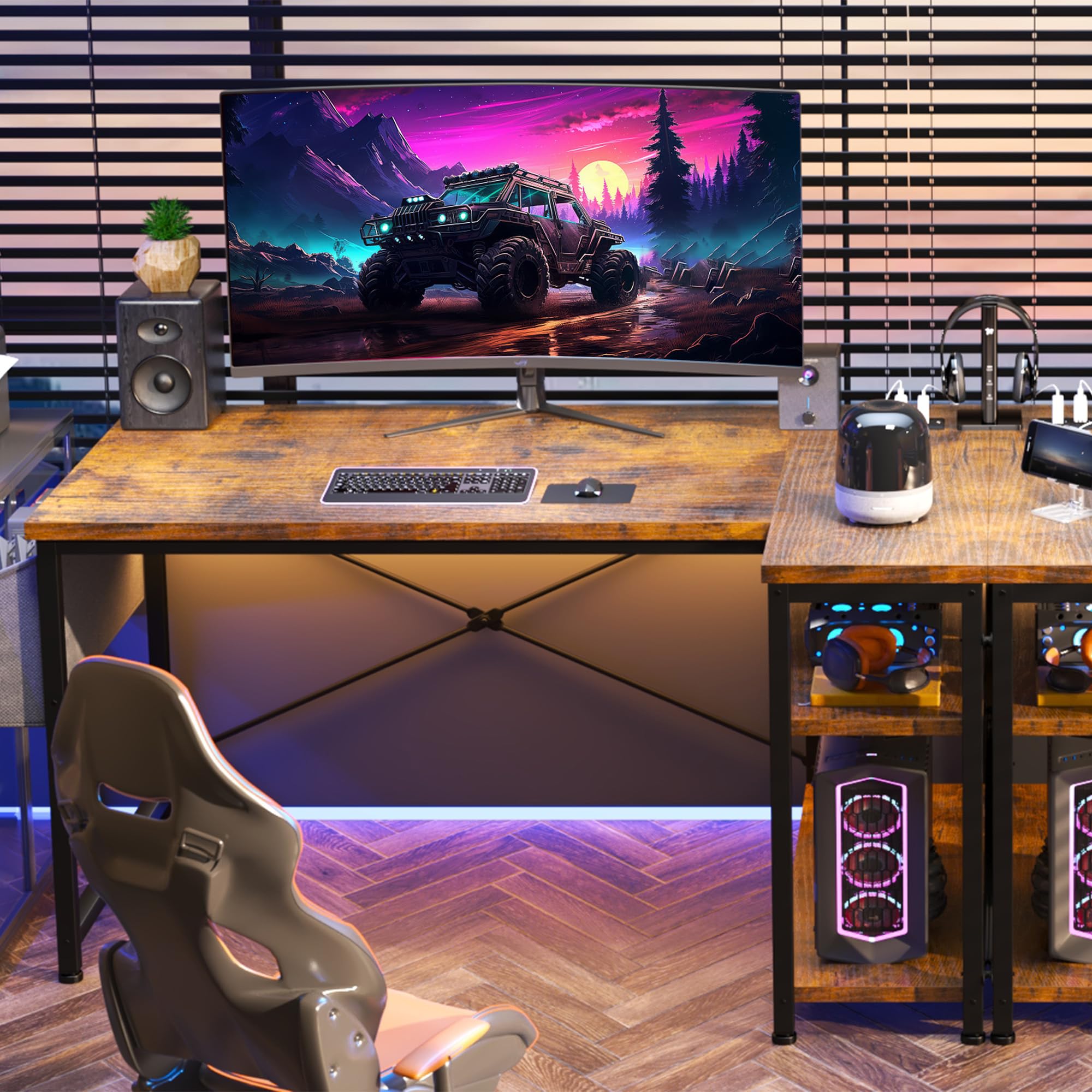 47" Computer Desk with Power Outlets,L Shaped Desk with Storage Shelves