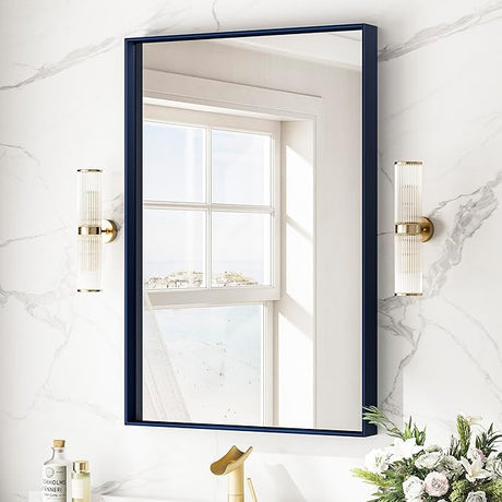 Black Bathroom Mirror 24 x 36 Inch Rectangular Wall Mirror Brushed Metal Frame Black