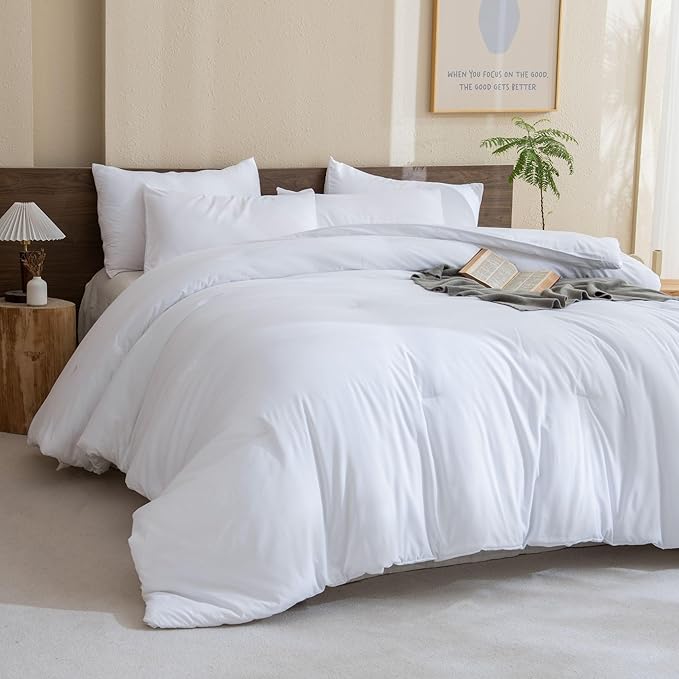 Classic Pure White Comforter Queen Size, 3 Pieces Boho Comforter Set, Lightweight Solid