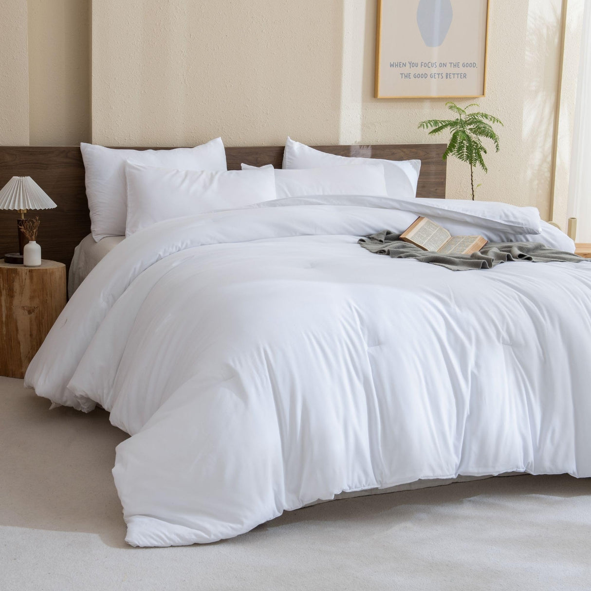 Classic Pure White Comforter Queen Size, 3 Pieces Boho Comforter Set, Lightweight Solid