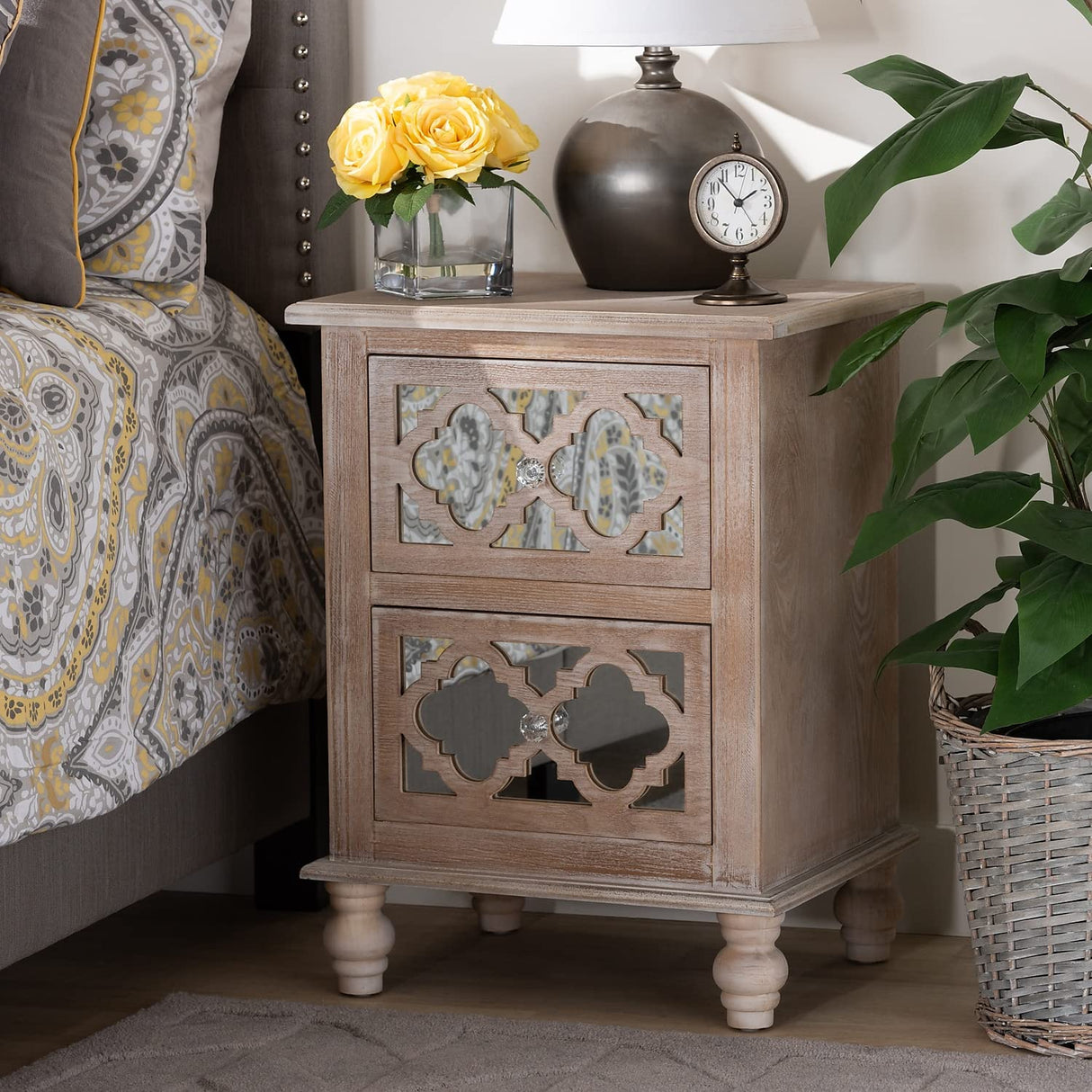 Washed Wood and Mirror 2-Drawer Quatrefoil Nightstand
