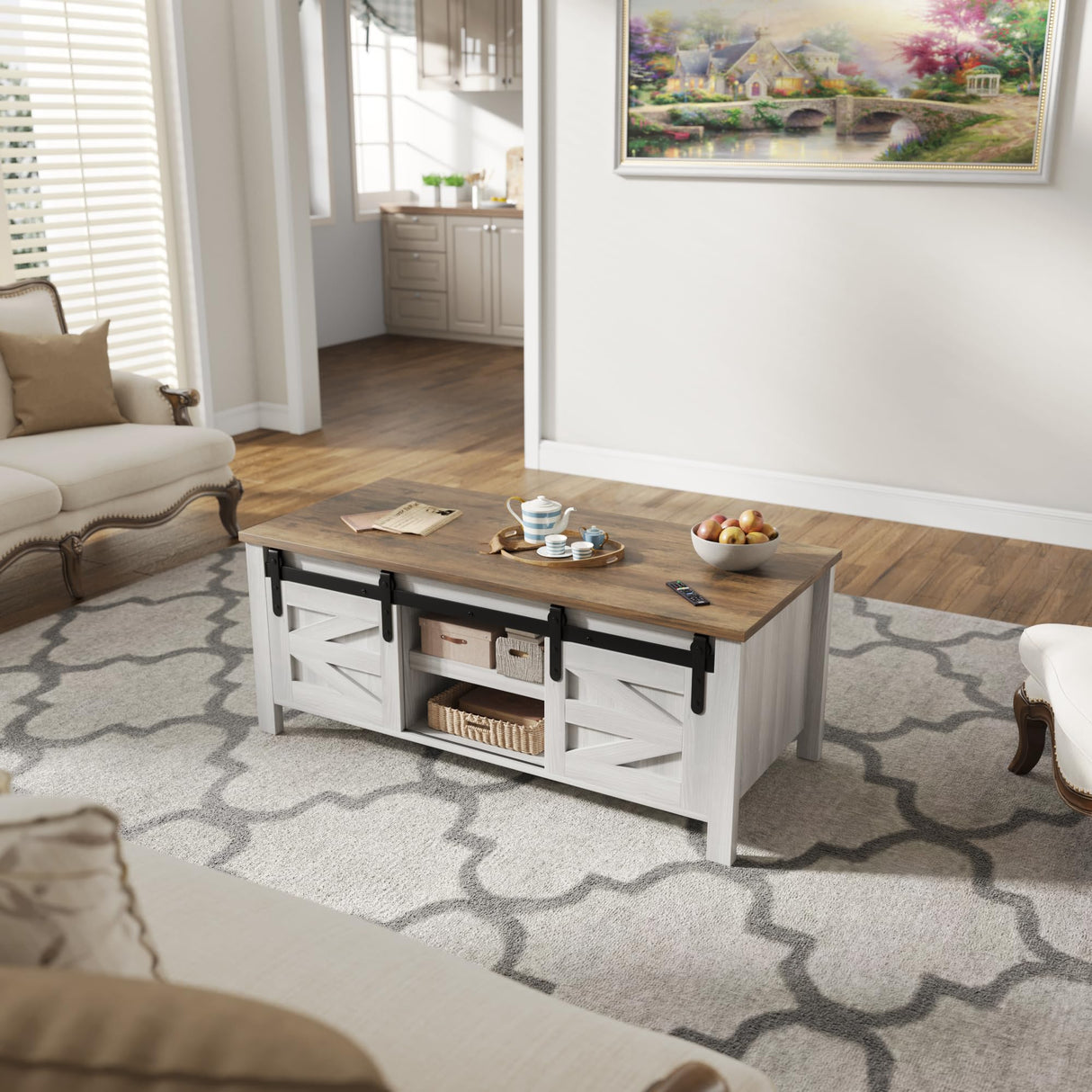 Coffee Table with Storage and Sliding Barn Doors, Farmhouse Living Room Table