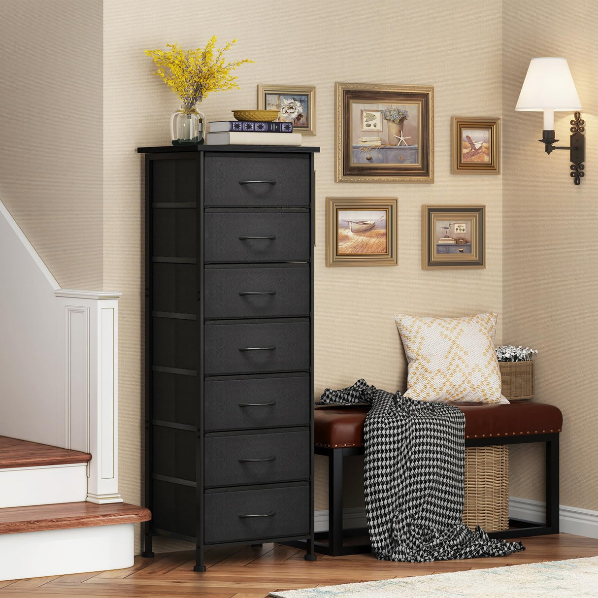 Black Tall Dresser for Bedroom, Storage Dresser Organizer with 7 Fabric Drawers,