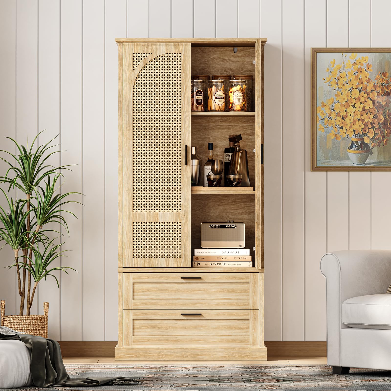 Kitchen Pantry Storage Cabinet,67" Tall,with 2 Drawers,Adjustable Shelf,Rattan Doors