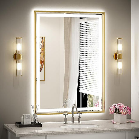 Bathroom Mirror, 28x36 Inch Frontlit & Backlit Gold Framed Lighted Mirror,Wall Mouted